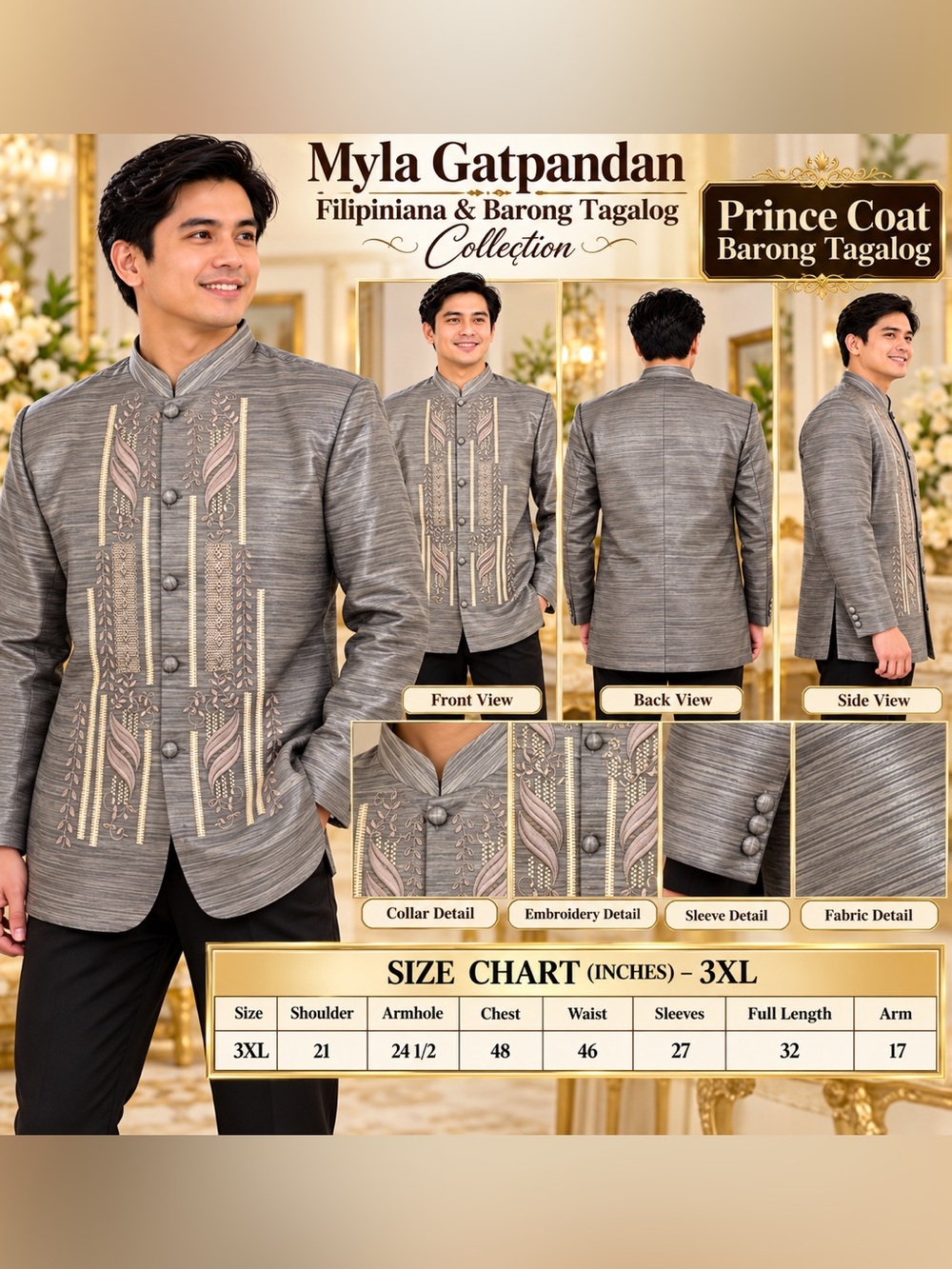 Men's Prince Coat Barong Tagalog Jacket in Gray